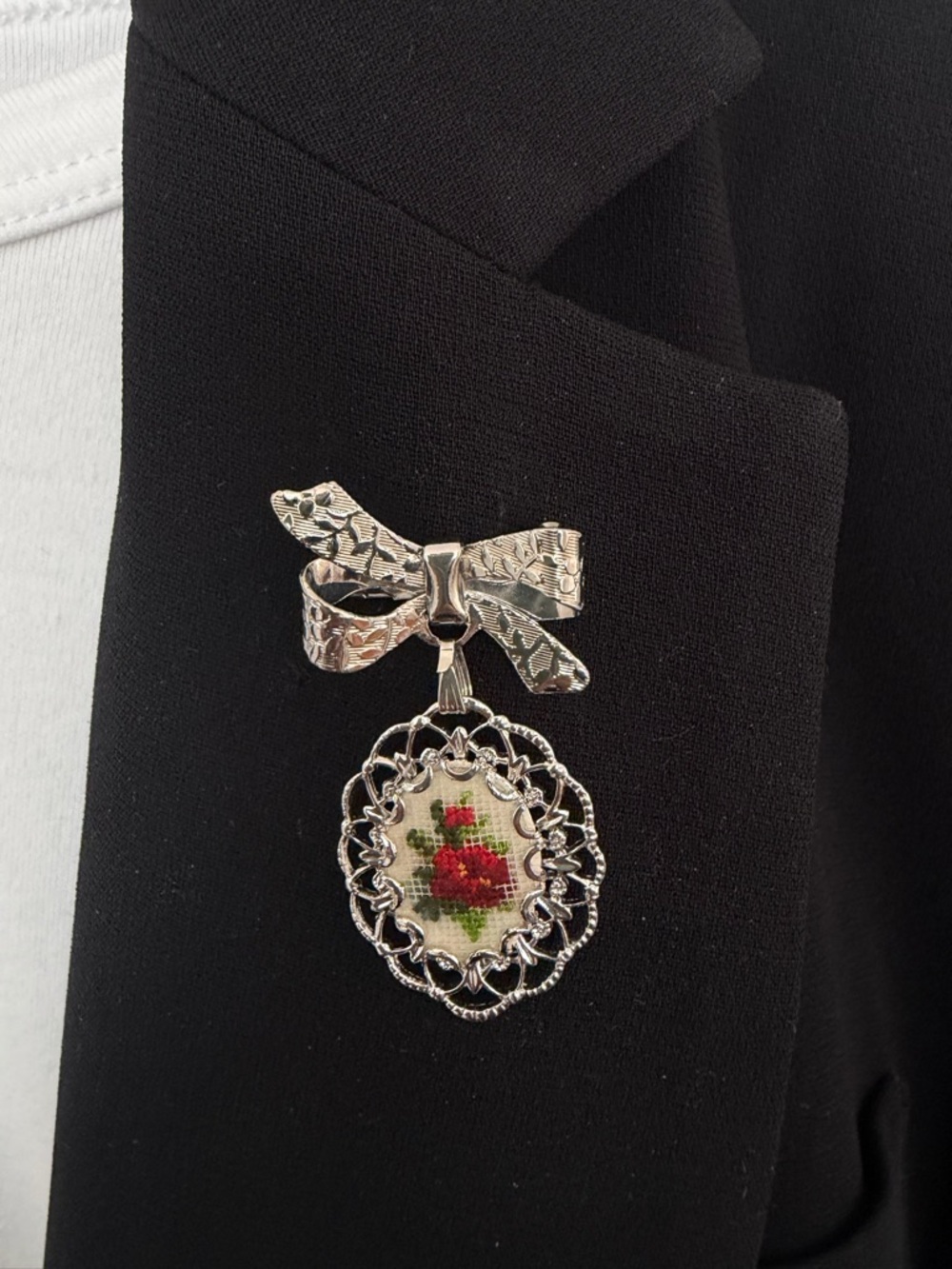 Silver Bow Brooch with Red Rose Petit Point Cross-Stitch Pendant